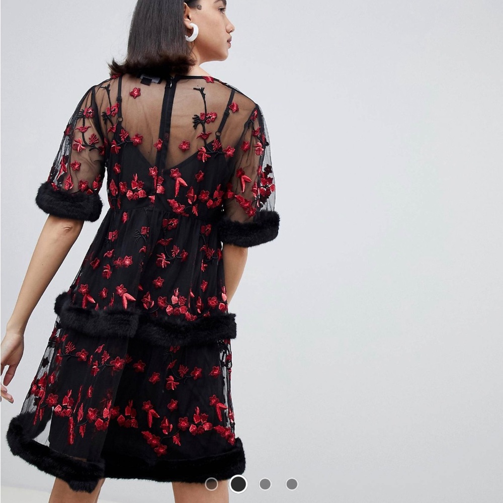 ASOS embroidered mini smock dreck with faux fur trims - Picture 4 of 6
